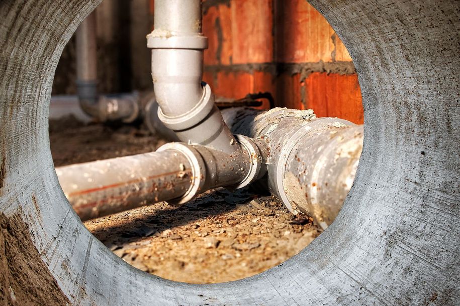 A bunch of pipes are coming out of a hole in the ground.