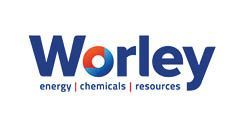 The logo for worley energy chemicals resources is blue and red.