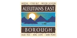 A logo for aleutian 's east borough with mountains in the background.
