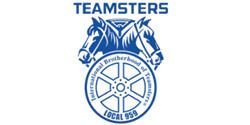 The teamsters logo is a blue and white logo with two horses and a wheel.