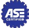 ASE Certified logo in white text on a blue gear-shaped background