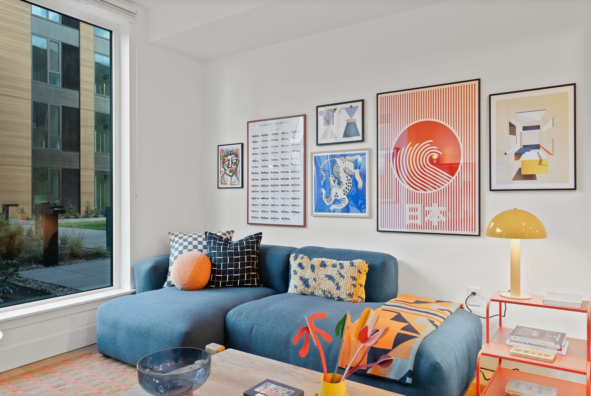 Apartment living room with oversized windows,