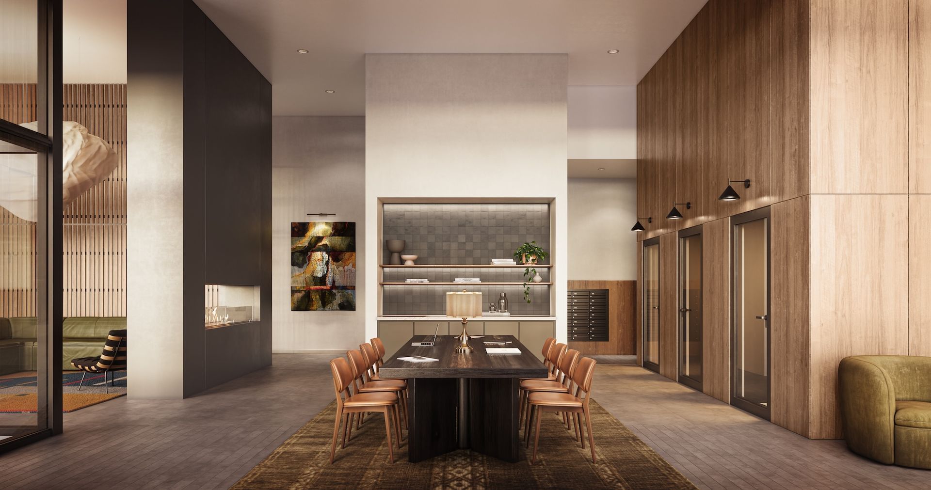Modern lobby with long table, chairs, and elevators. Features a neutral color palette with wood paneling and art.