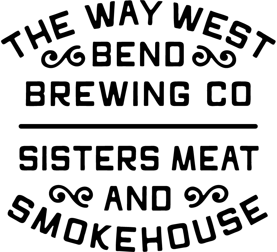 Black text logo on a white background for The Way West Bend Brewing Co. and Sisters Meat and Smokehouse.