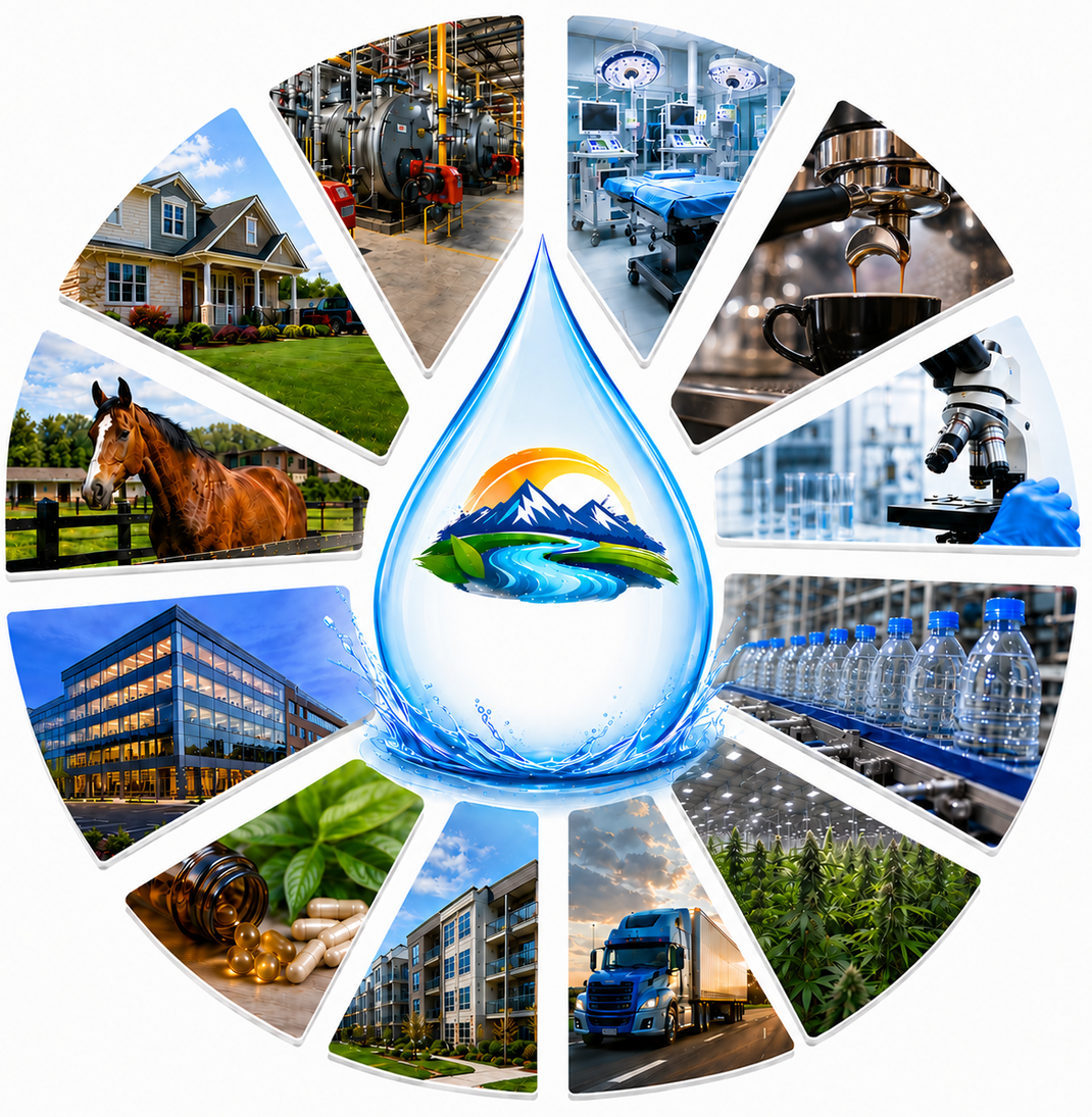 Water droplet logo centered in a collage of agriculture, industry, lab, office, and water treatment scenes