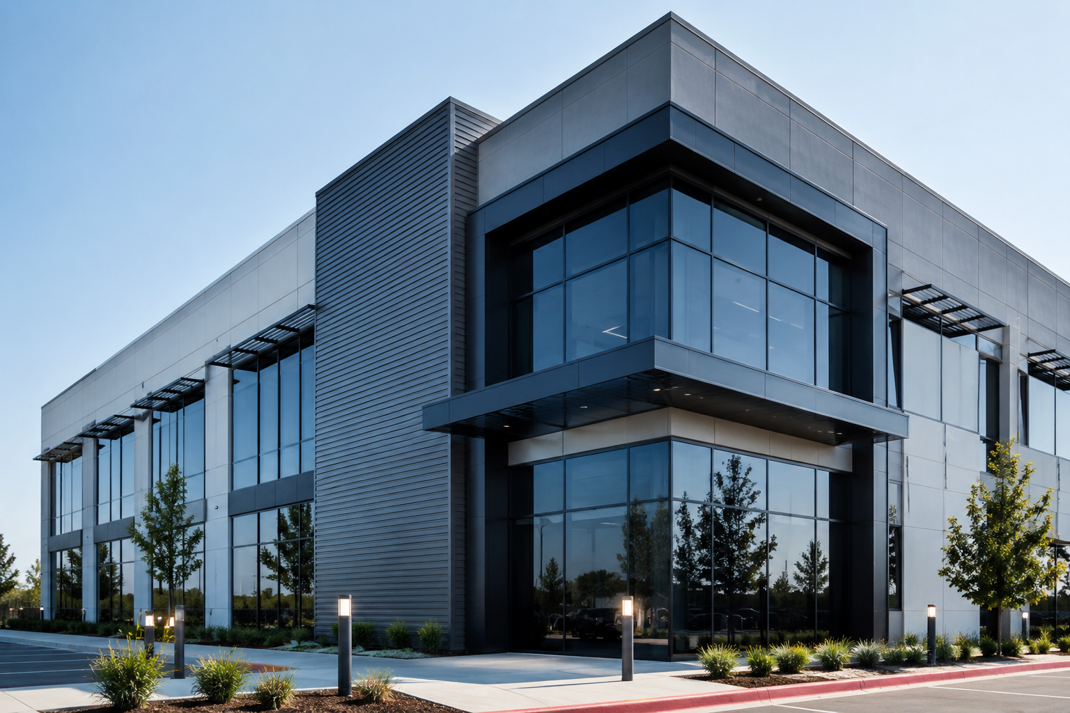 Modern gray office building with large glass windows and landscaped entrance