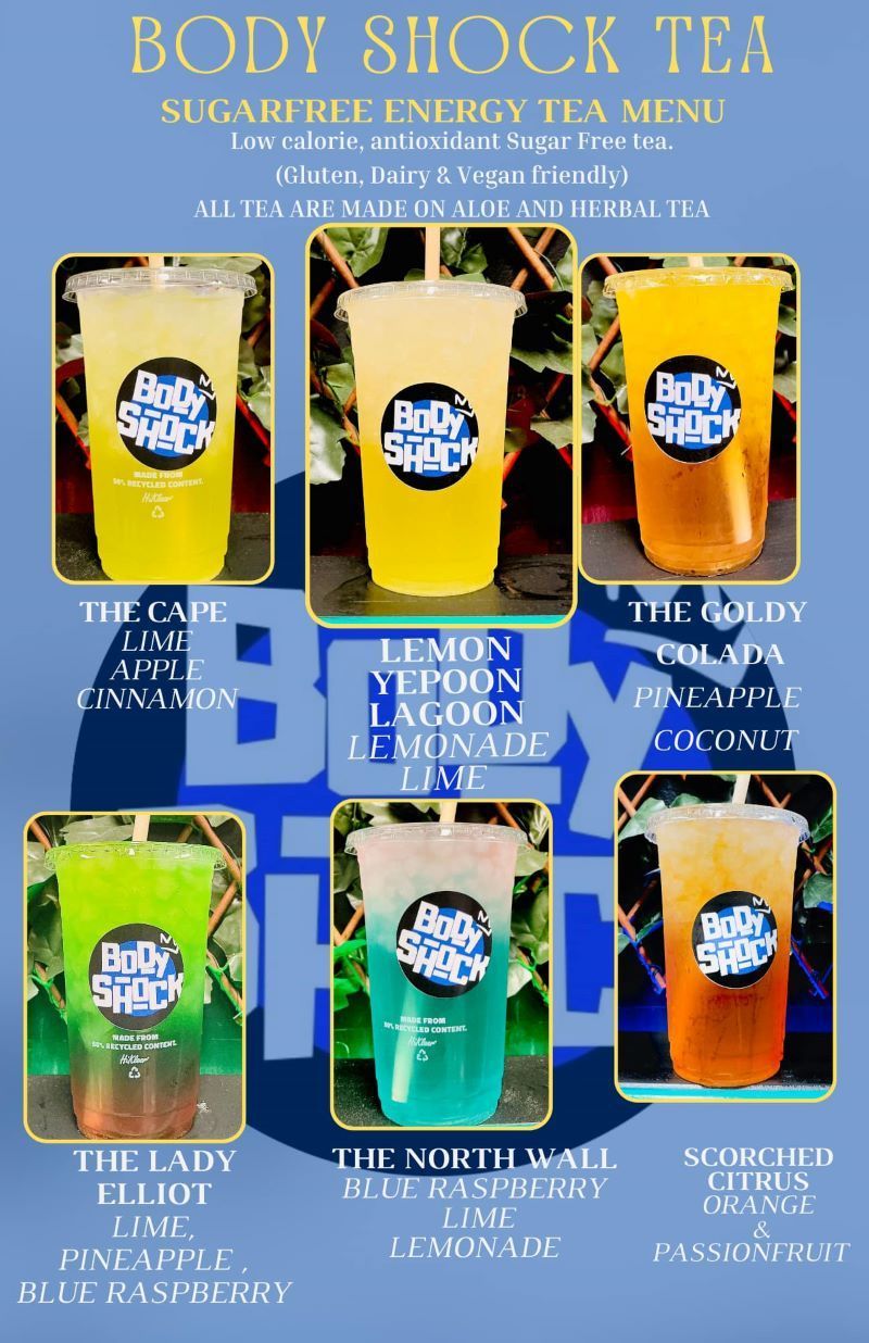 A Menu for Body Shock Tea Shows a Variety of Drinks — Bodyshock nutrition in Mackay, QLD 