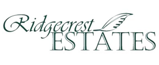 Logo for Ridgecrest Estates, with stylized script text and a feather graphic.