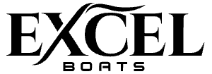A black and white logo for excel boats on a white background.