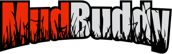The word mud buddy is written in red and white on a white background.