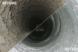 A before and after picture of a dryer vent being cleaned.