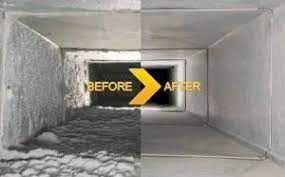 A before and after picture of a duct being cleaned.