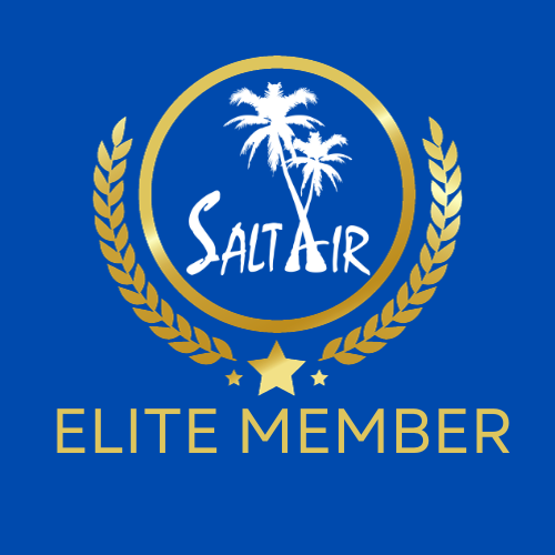 A salt air elite member logo on a blue background