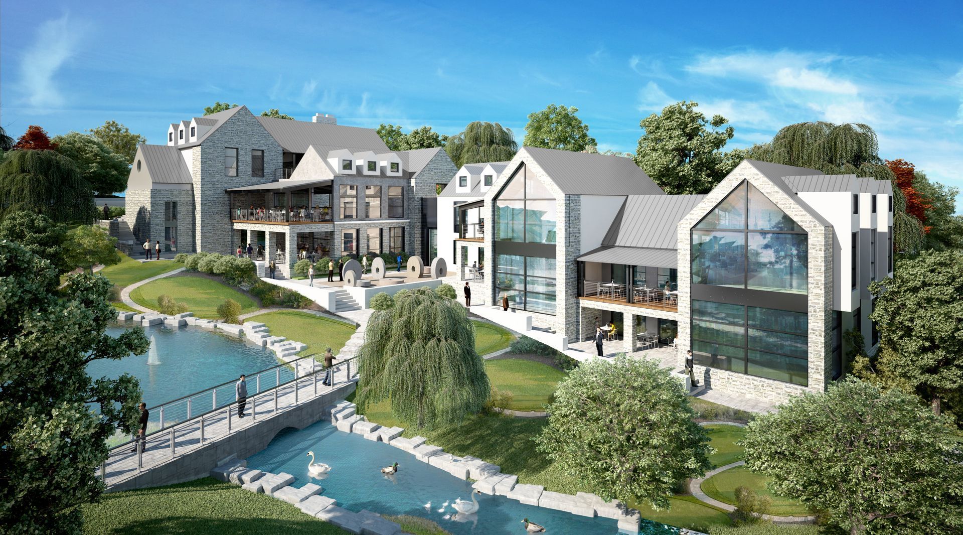 Modern stone buildings with balconies, a pond, and a bridge on a sunny day.