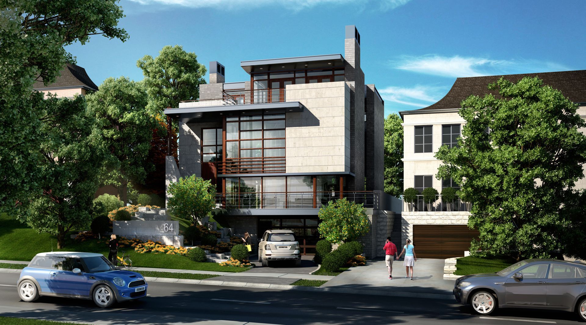 Modern multi-story house with glass walls, a car in the garage, and two people walking nearby.