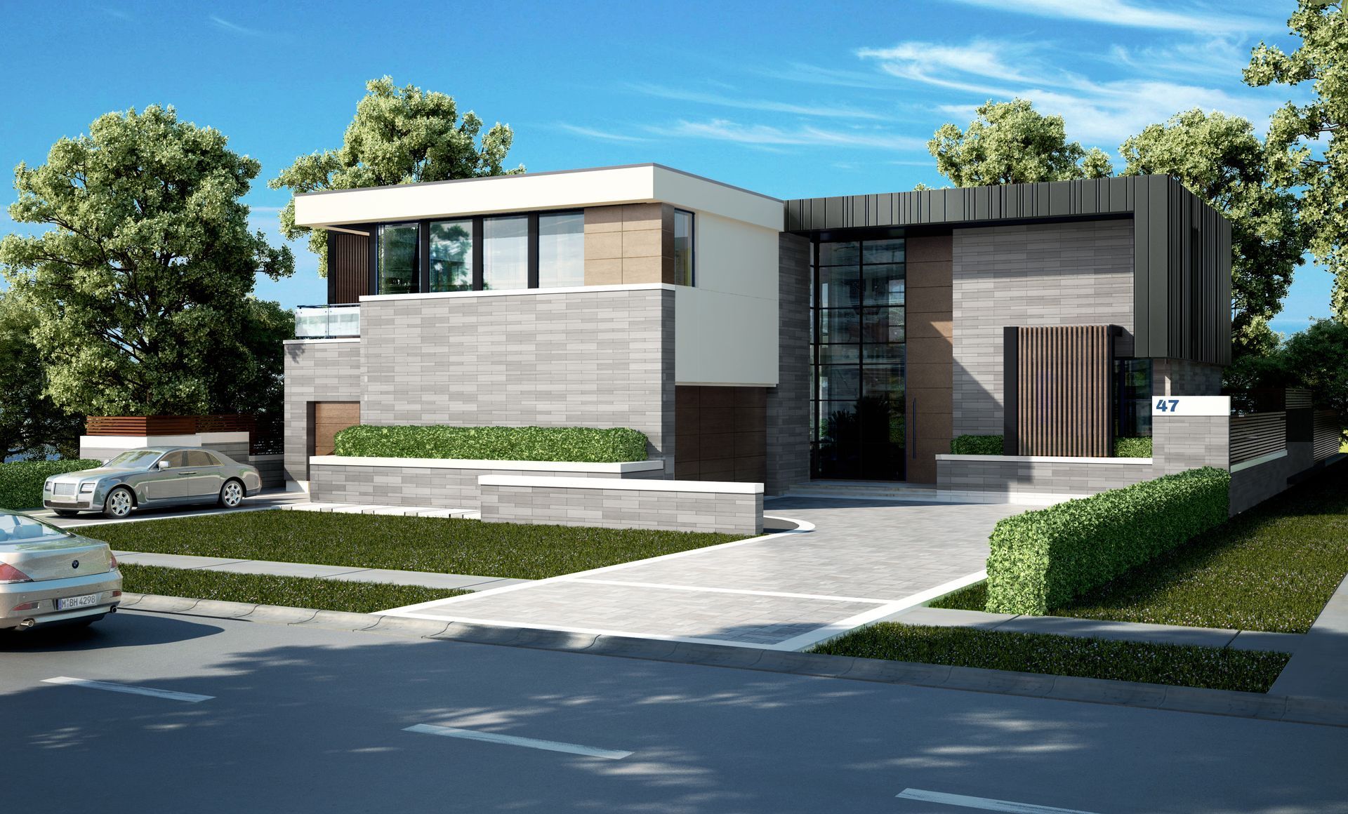 Modern two-story house with stone and wood exterior, a driveway, and two cars parked outside.