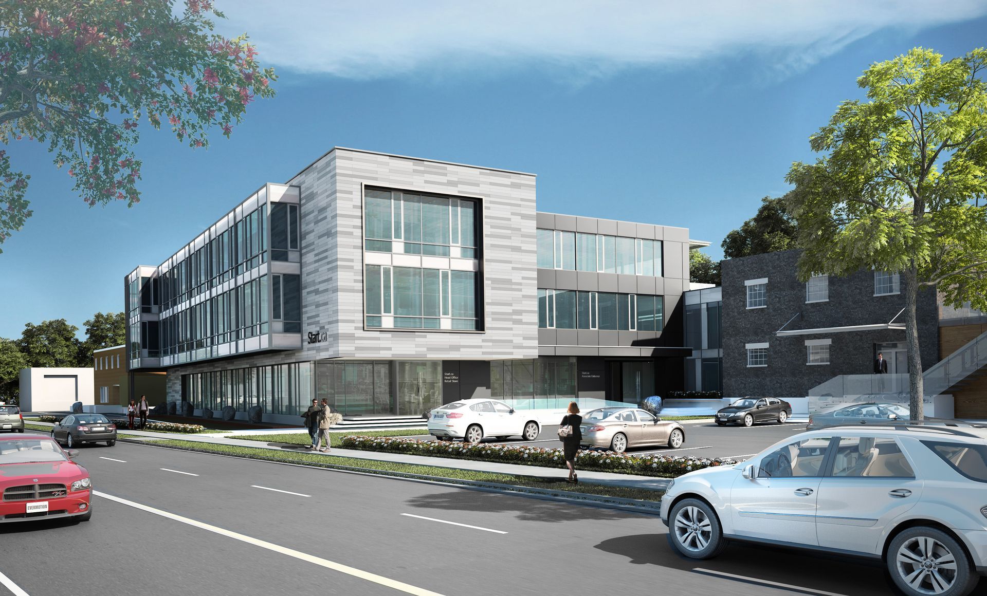 Modern building with cars on a road, blue sky, trees in the foreground, people near the entrance.