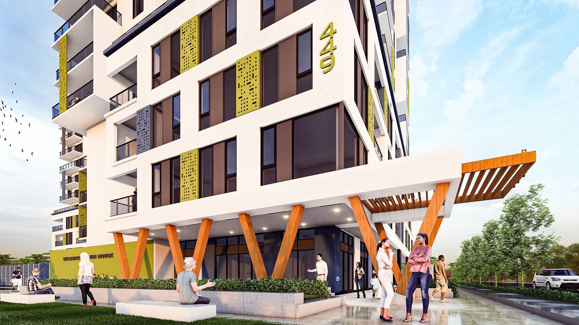 Modern apartment building with bright accents, people walk nearby.
