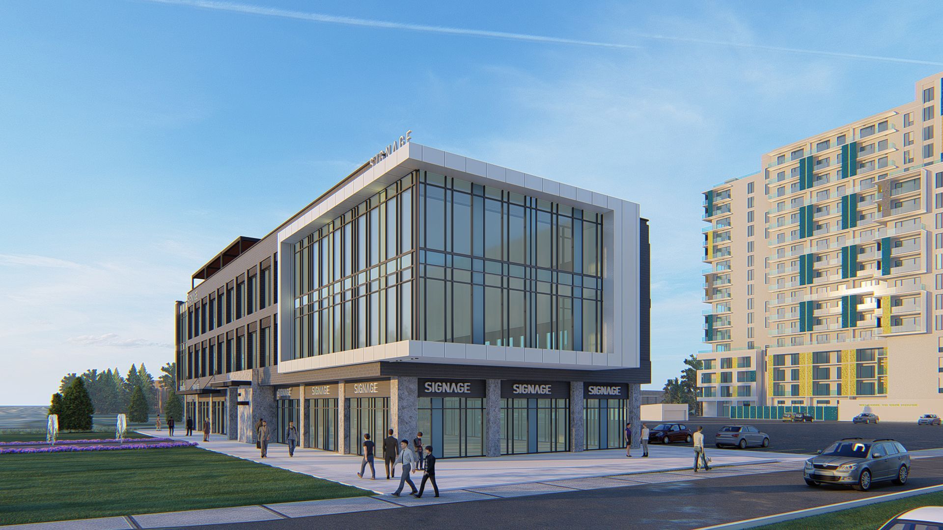 Modern two-story commercial building with large glass windows, storefronts, and pedestrians on a sunny day.