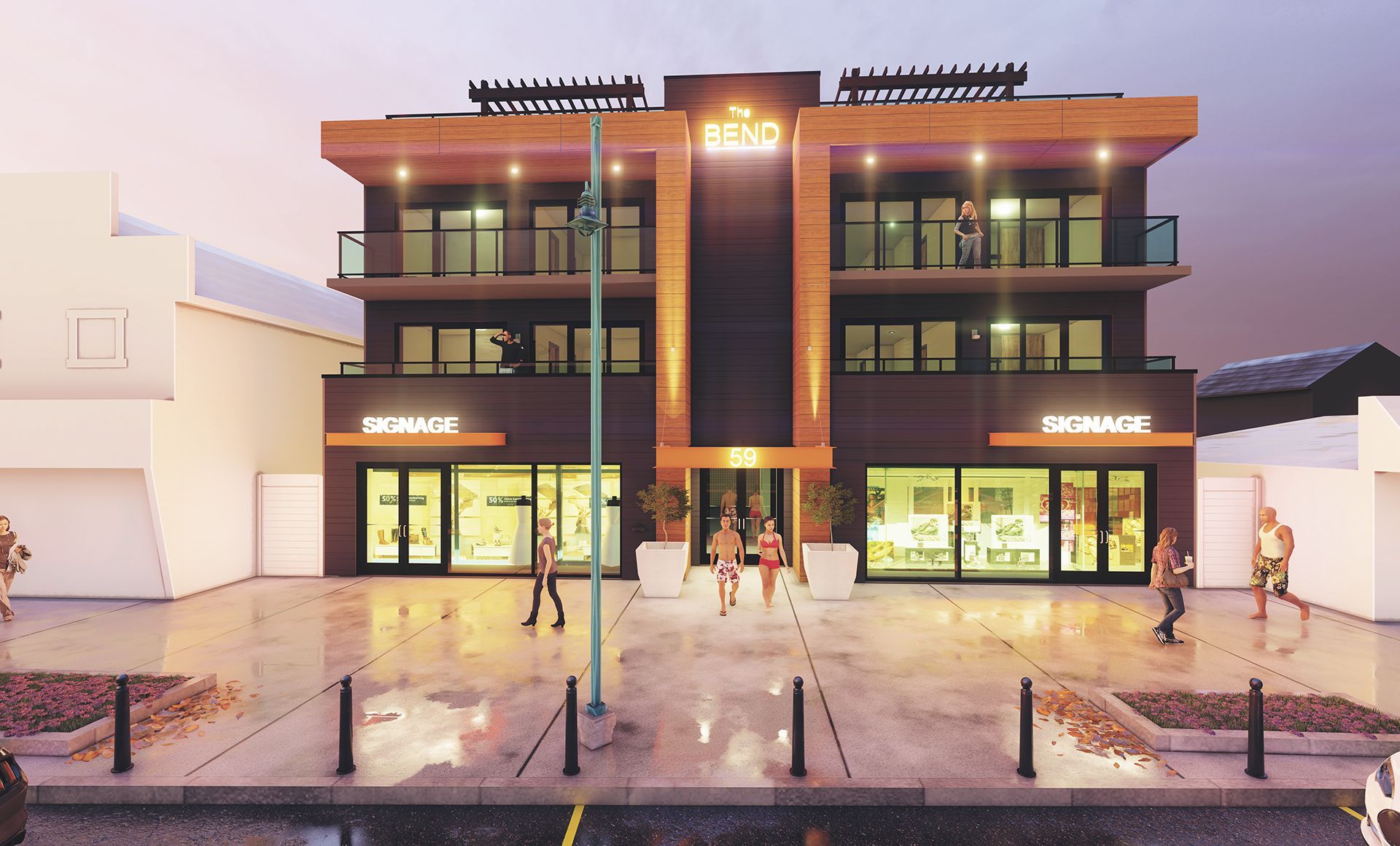 Modern three-story building with shops on the ground floor, people walking, and evening lighting.