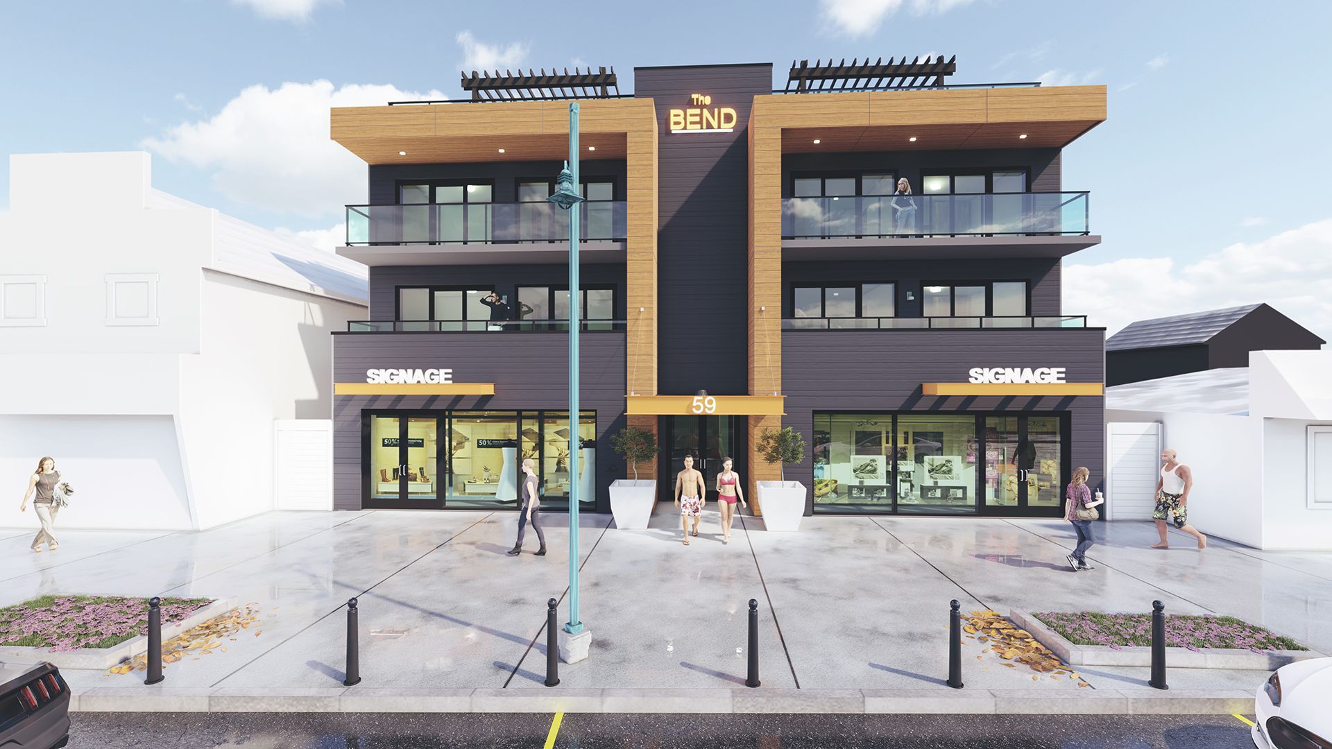 Modern three-story building with commercial spaces, dark gray exterior, and wood accents; people walking in front.