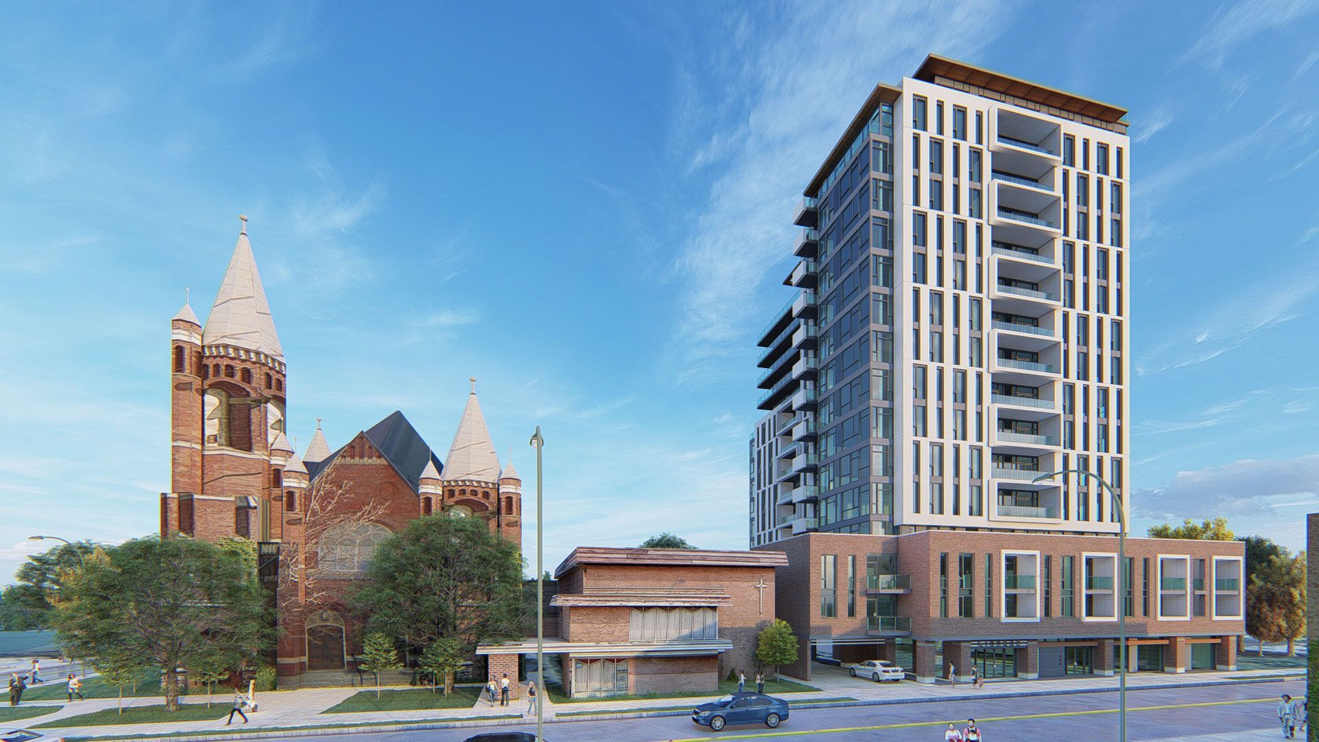A tall modern building next to a historic church. Blue sky with some clouds above.