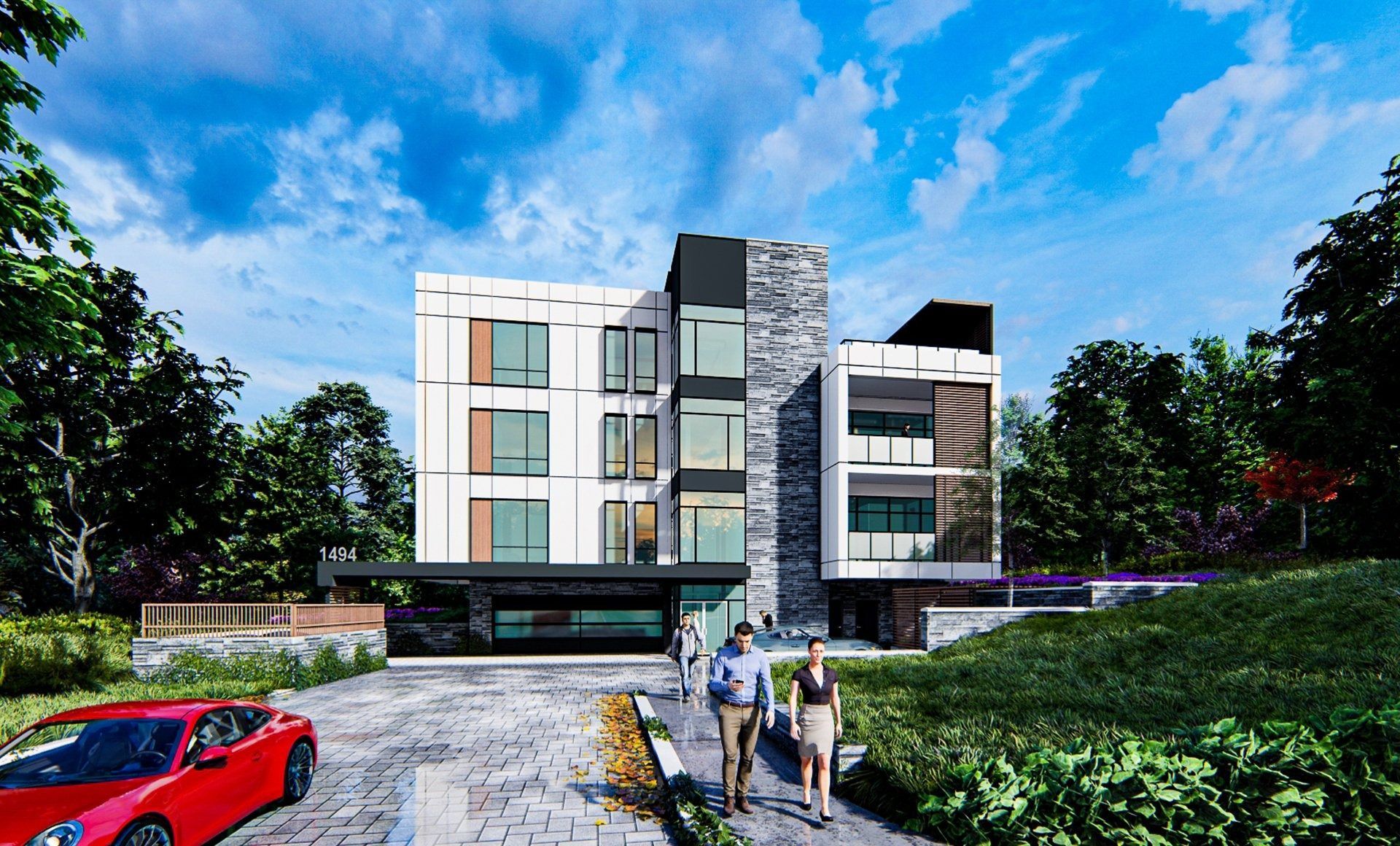 Modern multi-story building with people walking towards the entrance. Red car parked on the left.