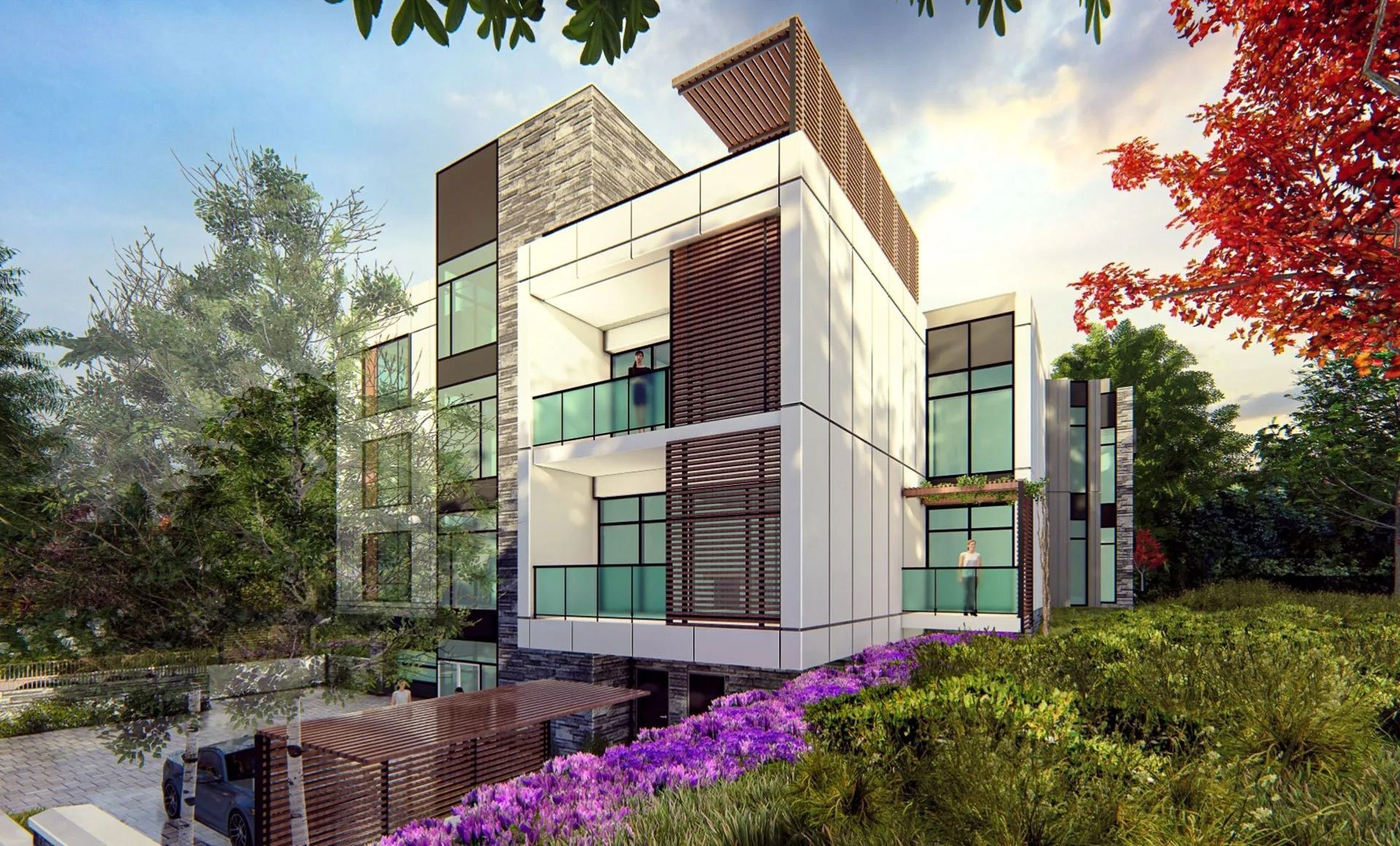 Modern multi-story house with glass balconies, stone facade, and landscaping under a bright sky.