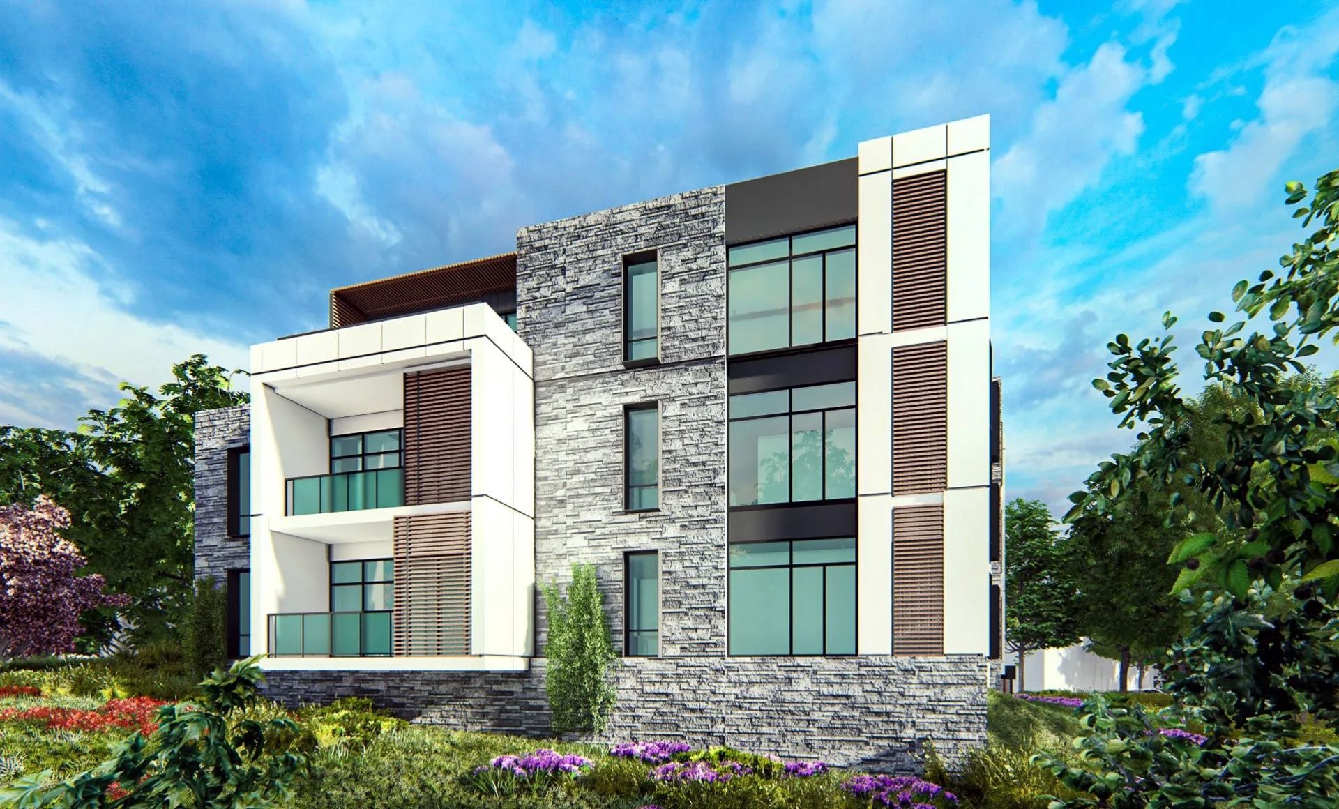 Modern multi-story building with stone and white facade, balconies, and large windows under a cloudy sky.