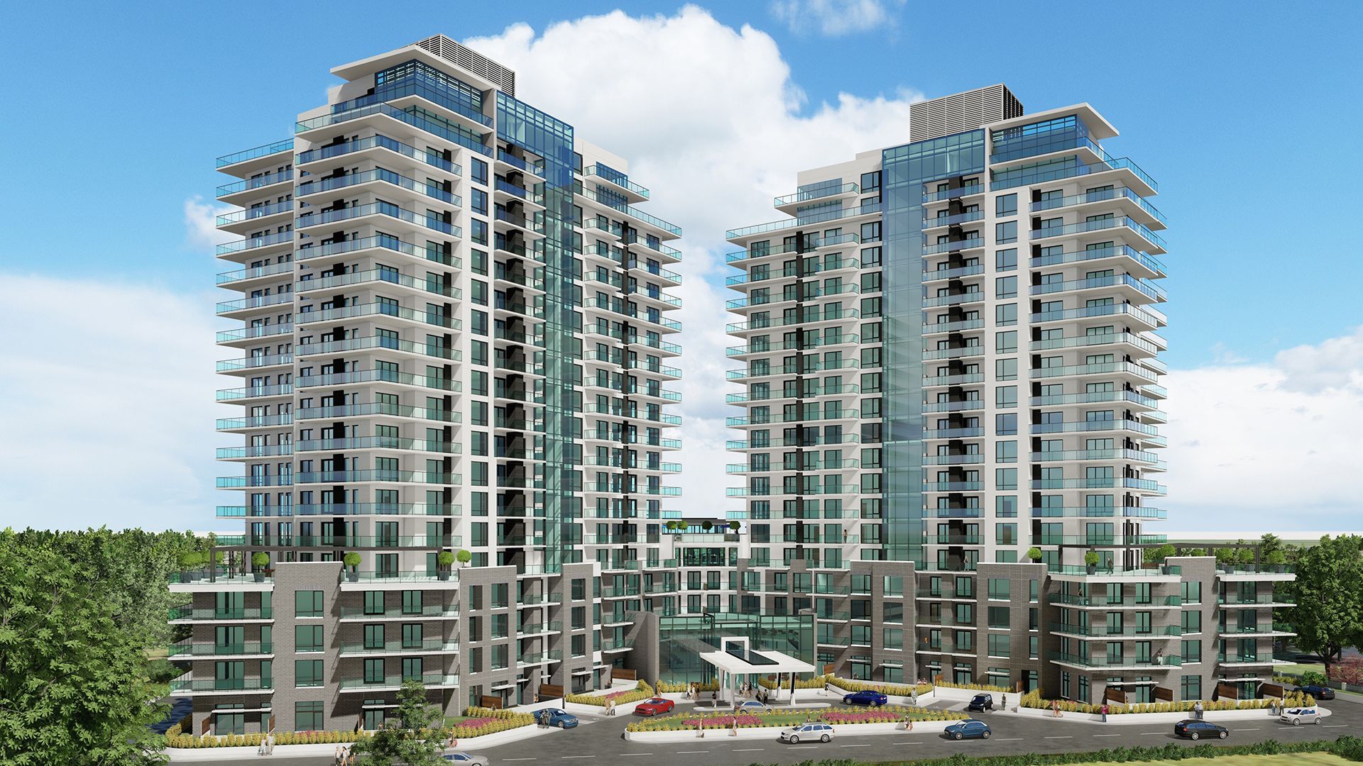 Two modern high-rise condo buildings with glass balconies and light colored stone facades. Blue sky and trees in the background.