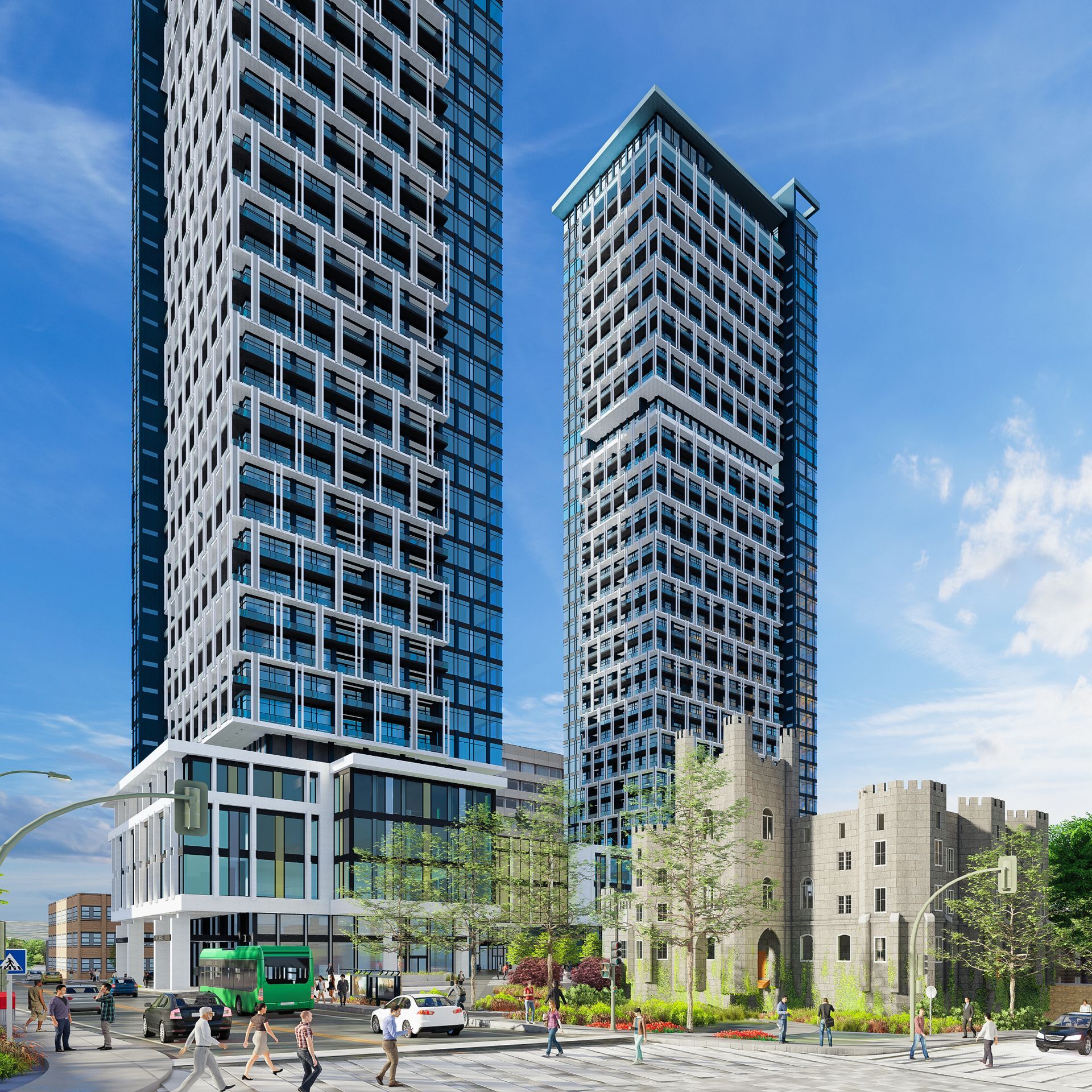 Modern yellow and white high-rise building with retail at ground level, people walking, blue sky.