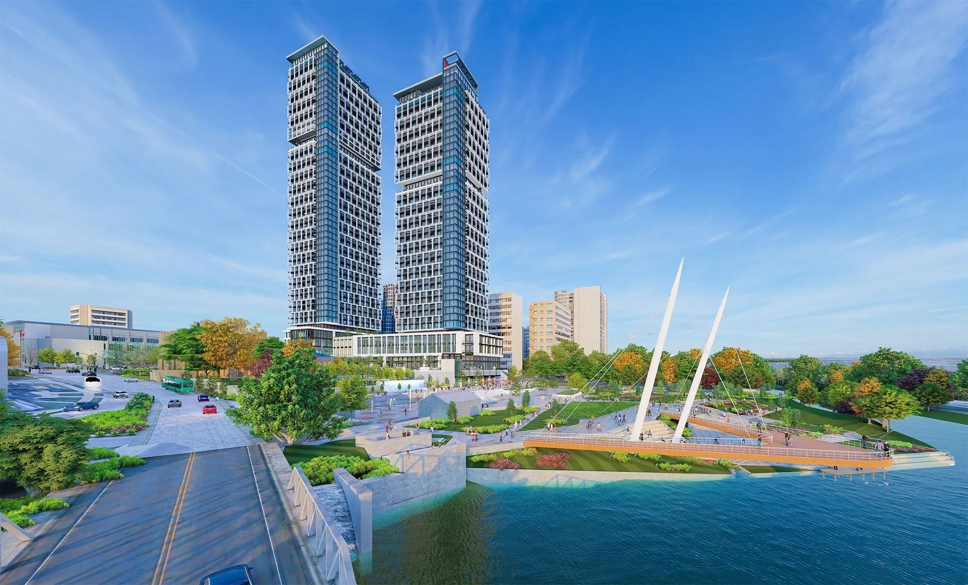 Two modern high-rise buildings near a bridge, waterfront park, and pedestrian walkway. Sunny day, blue sky.