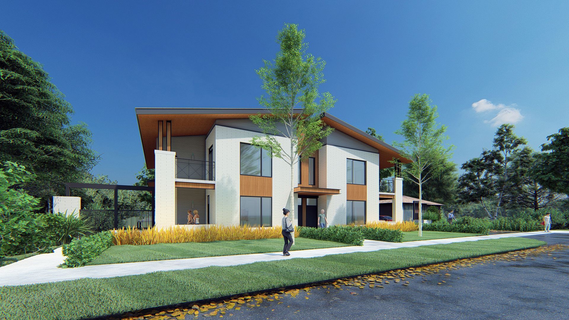 Modern two-story house with stone exterior, brown accents, and a sloping roof, set on a green lawn with trees.
