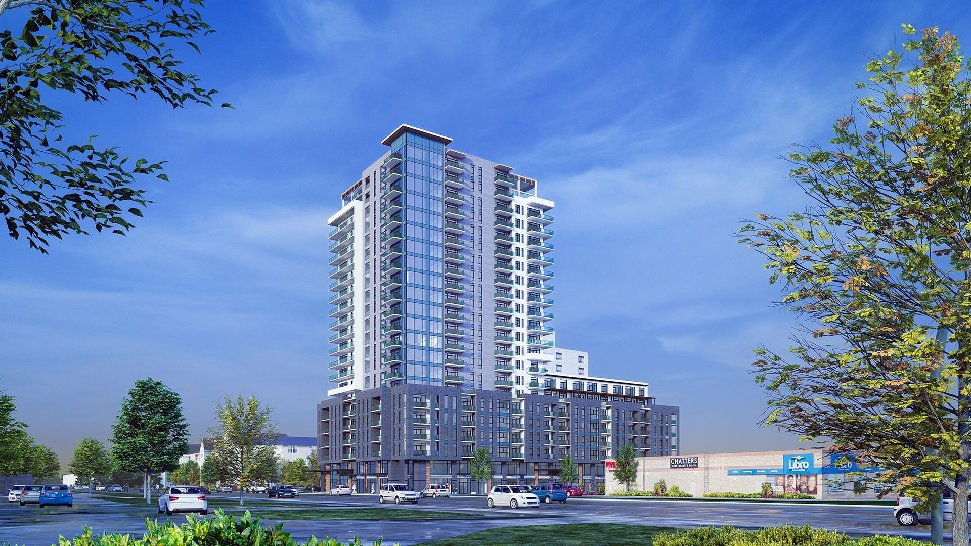High-rise apartment building with blue windows and a light gray facade against a blue sky.