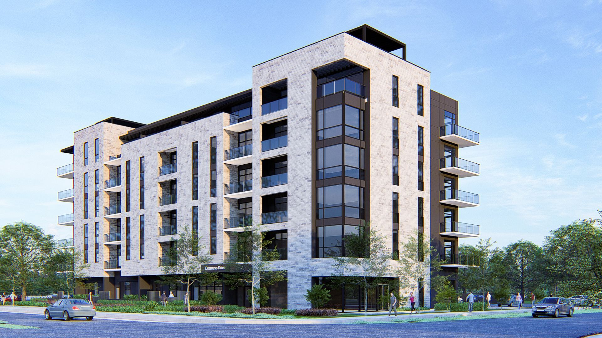 Modern apartment building with light stone facade, balconies, and street-level retail. Cars and trees visible.
