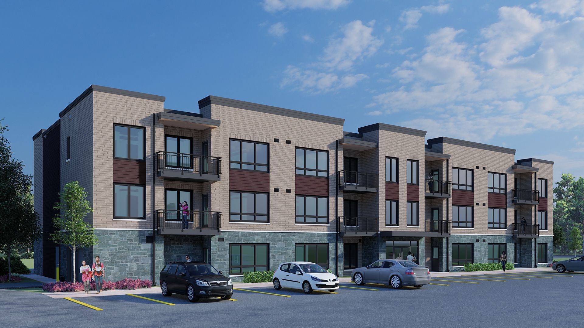 Multi-story apartment building with dark cars parked in front.