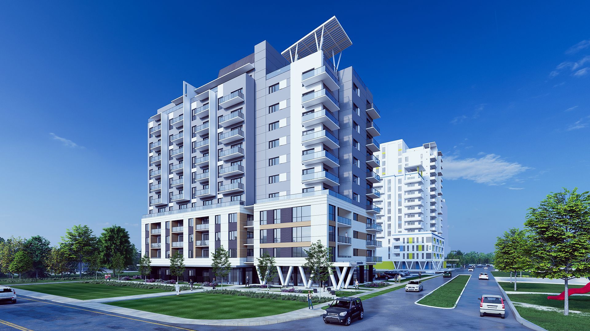 Modern multi-story apartment building with balconies, gray and white exterior, blue sky, road, cars, and trees.