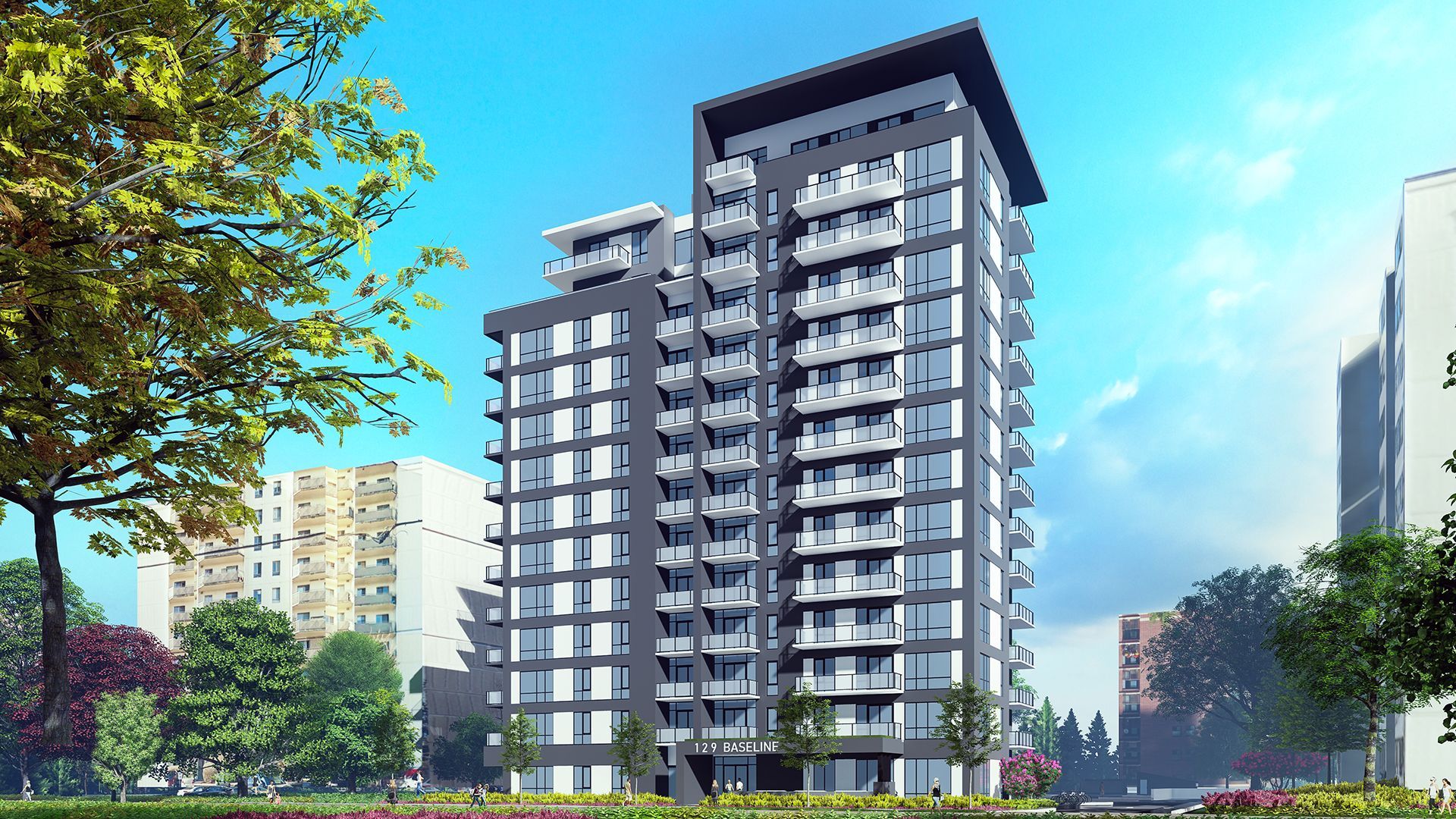 Modern grey apartment building with balconies, blue sky, trees, and other buildings.