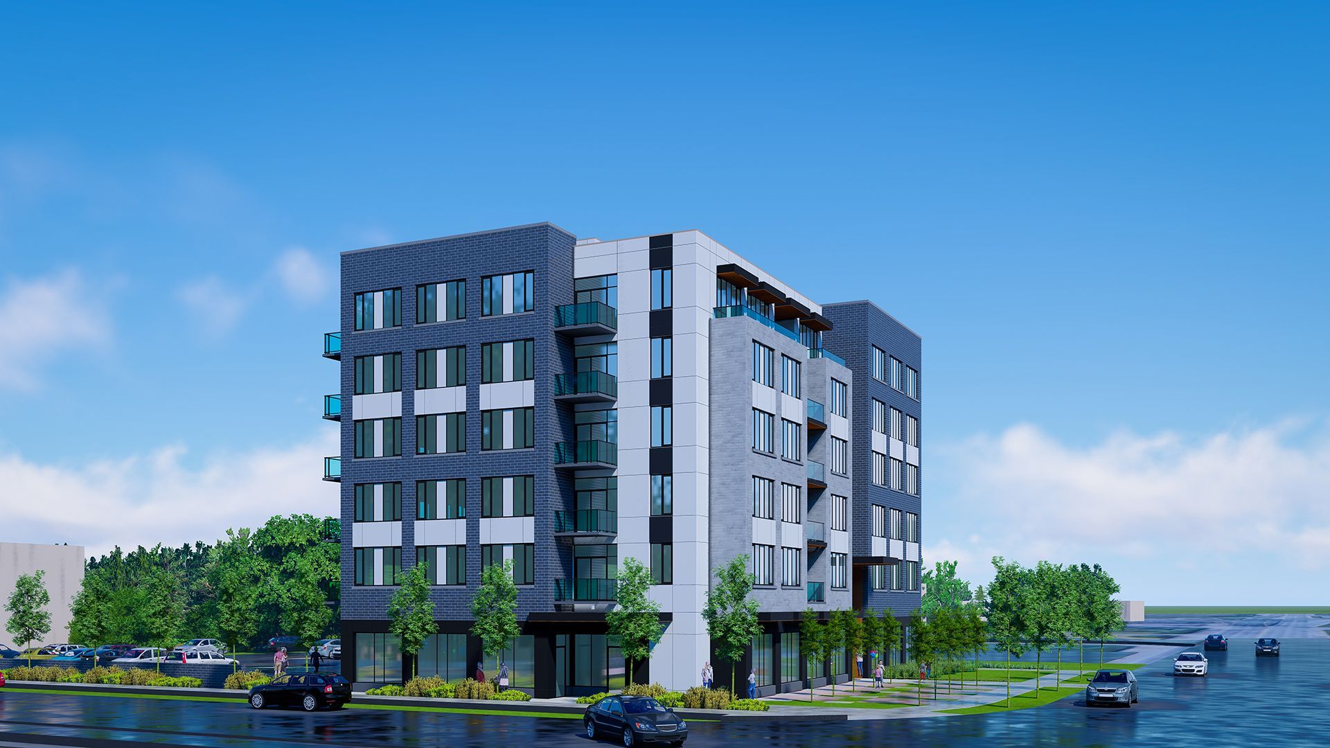 Modern multi-story apartment building with dark grey and white facade.