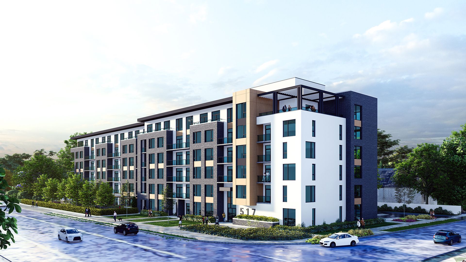 Modern apartment building exterior with multiple stories, various window shapes, and a rooftop deck.