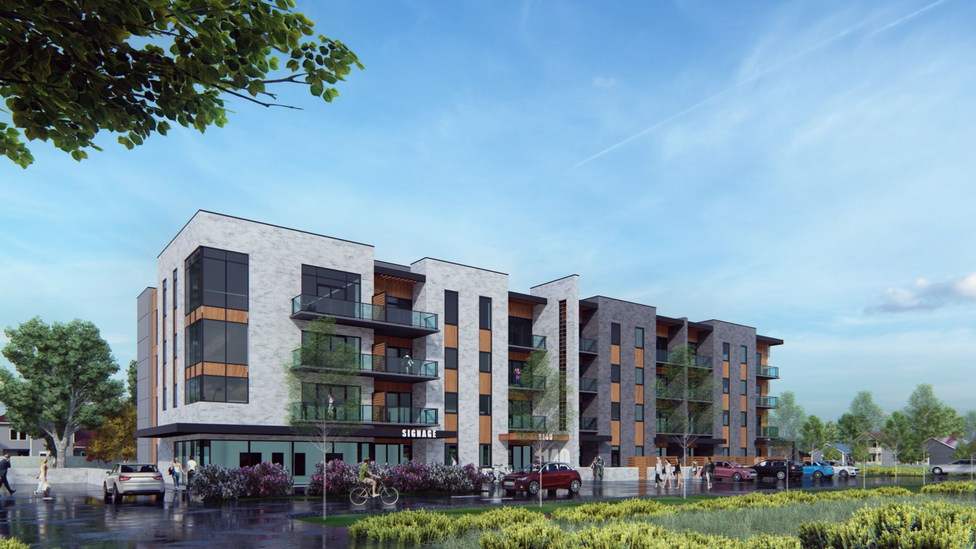 Modern apartment building with balconies; white, gray, and wooden facade under a blue sky.