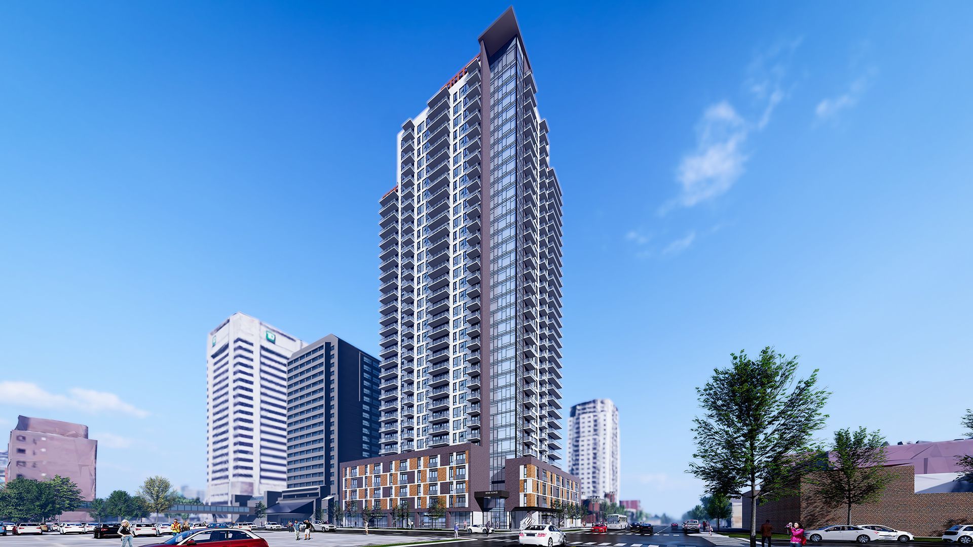 Tall, modern apartment building with a dark facade against a blue sky; other buildings and cars are visible in the setting.