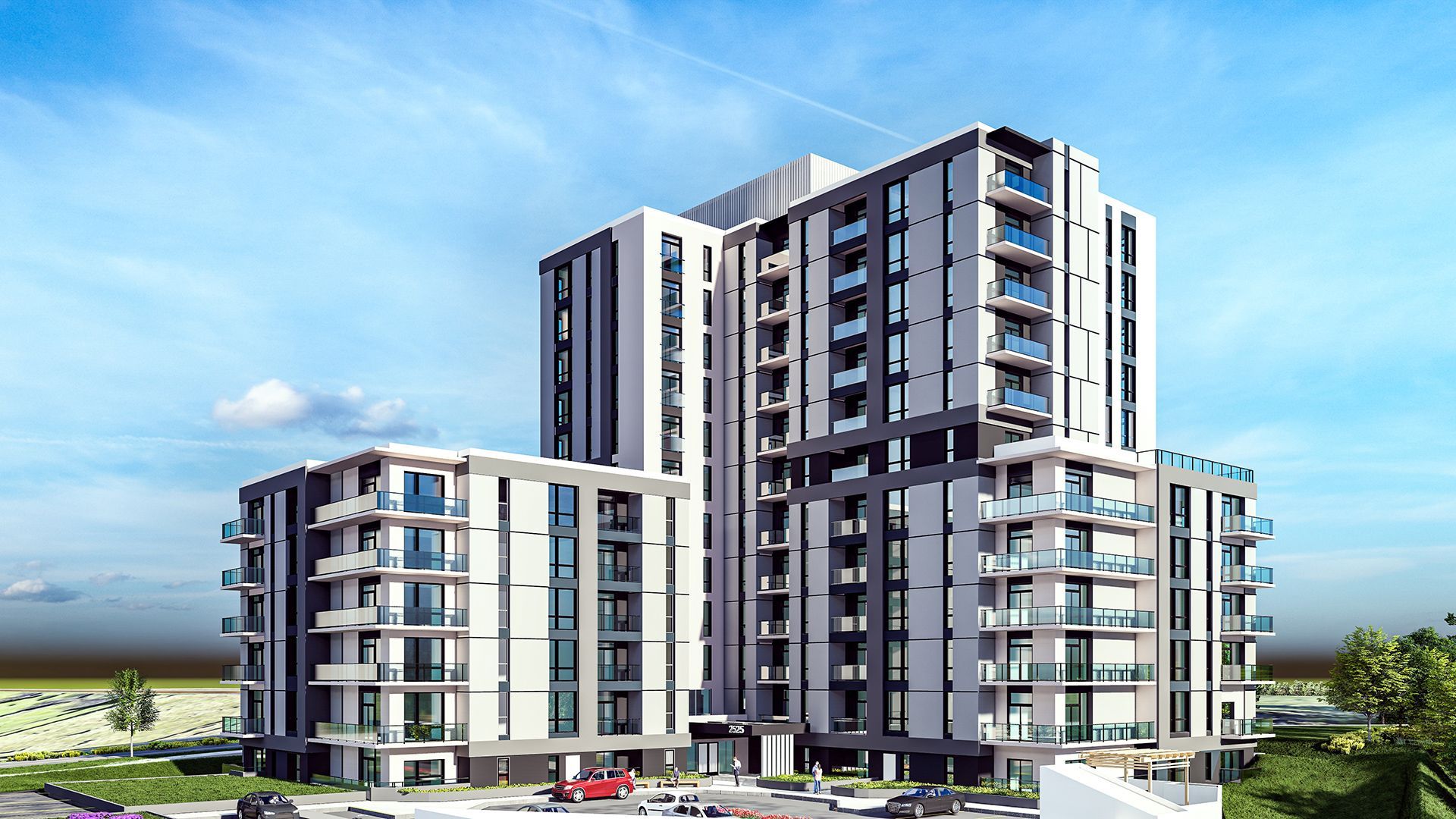 Modern apartment buildings with gray and white facades, blue balconies, and a blue sky.