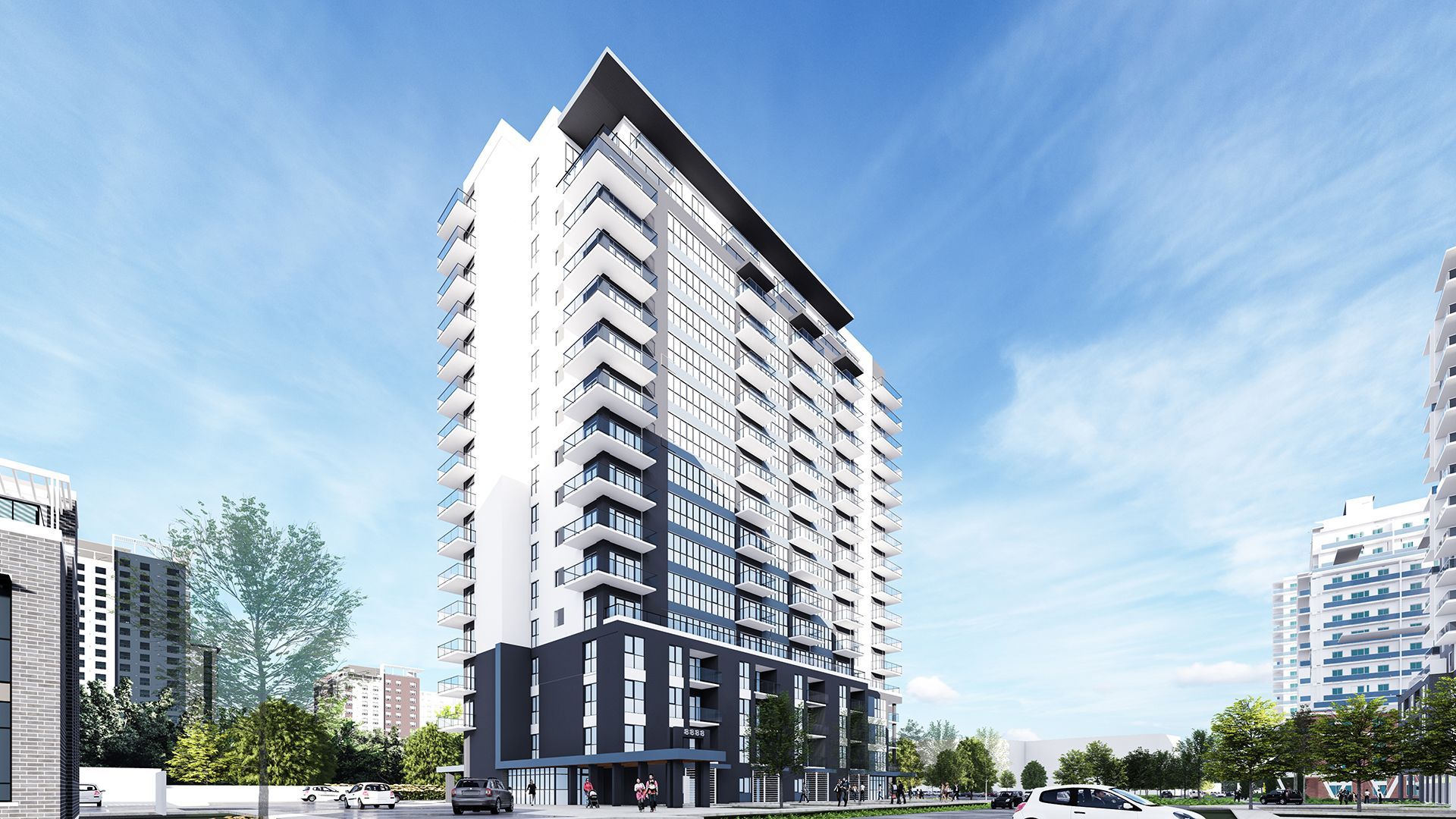 Modern high-rise apartment building with white and blue facade against a bright blue sky.