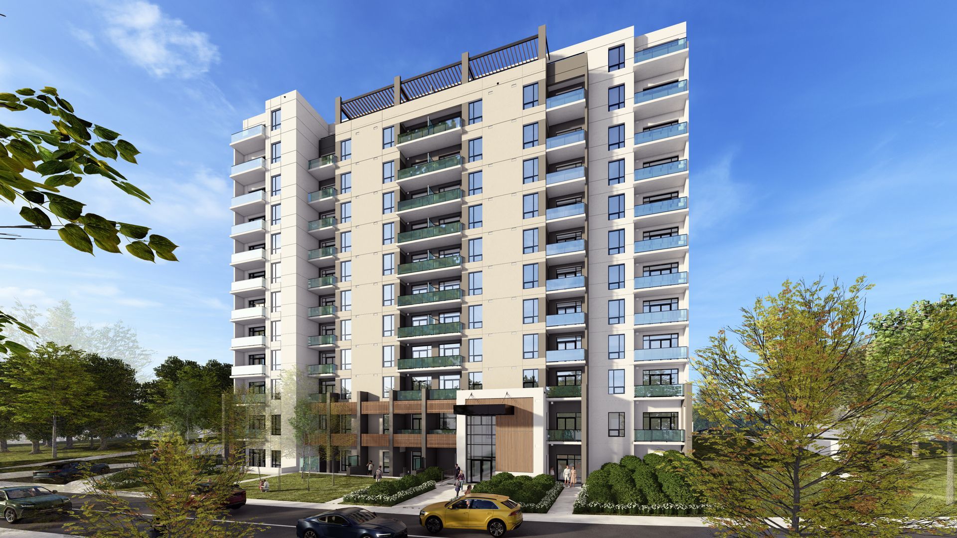 High-rise apartment building with balconies and a beige facade. Blue sky, trees, and parked cars in front.