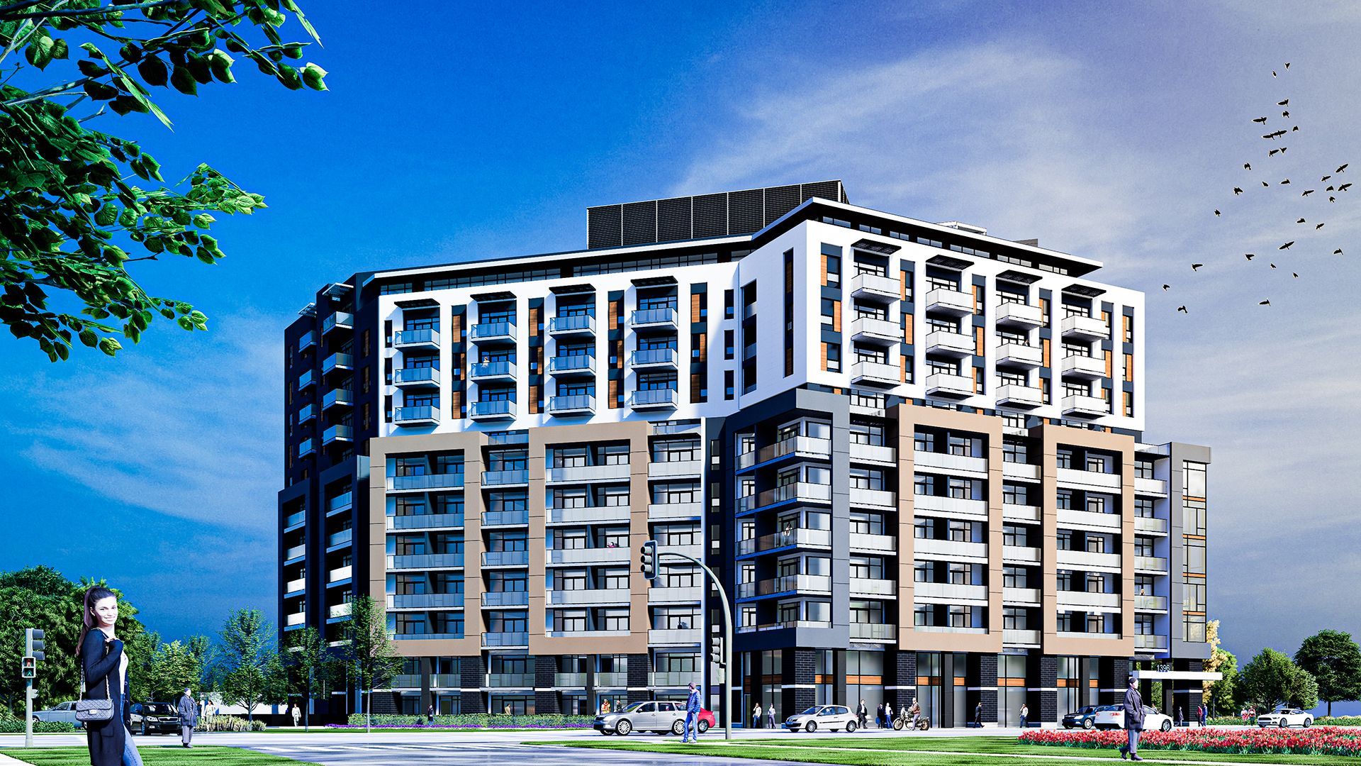 Modern multi-story apartment building with balconies, set against a blue sky.