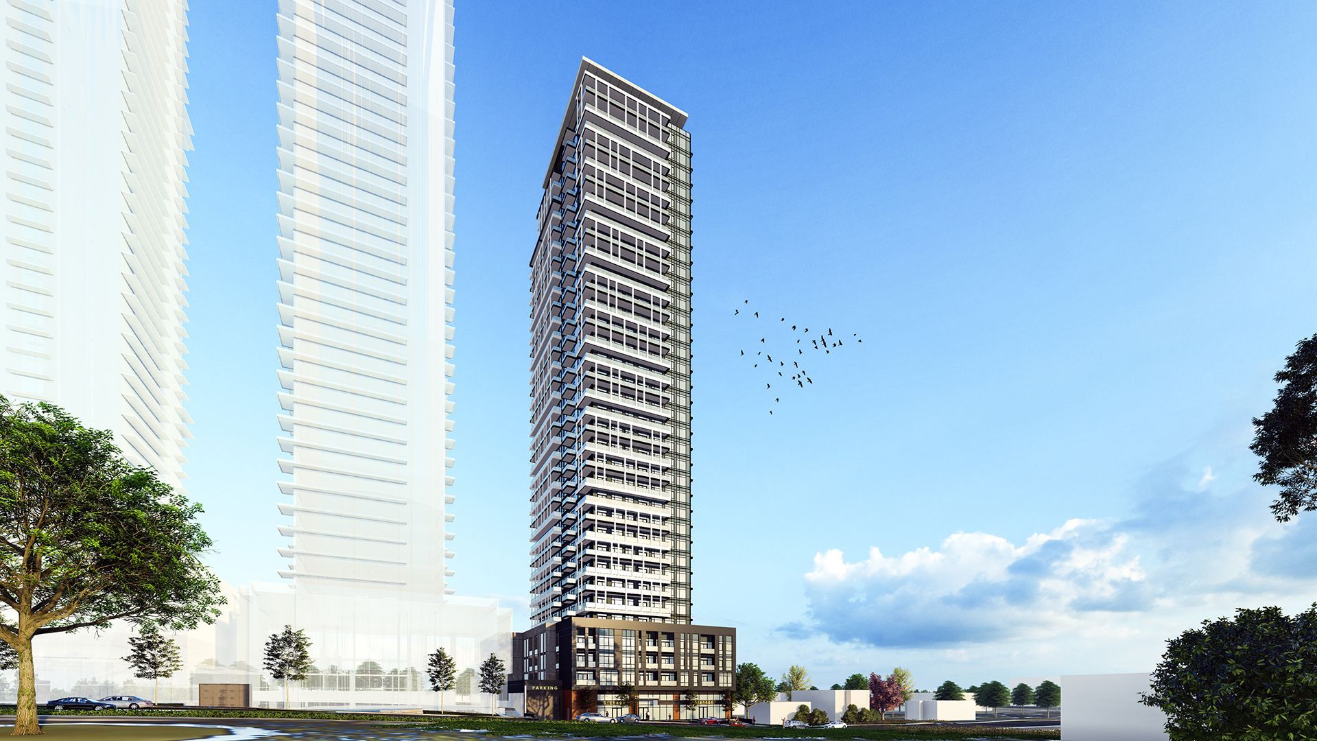 Tall modern apartment building on a sunny day, with other skyscrapers in the background and small trees.