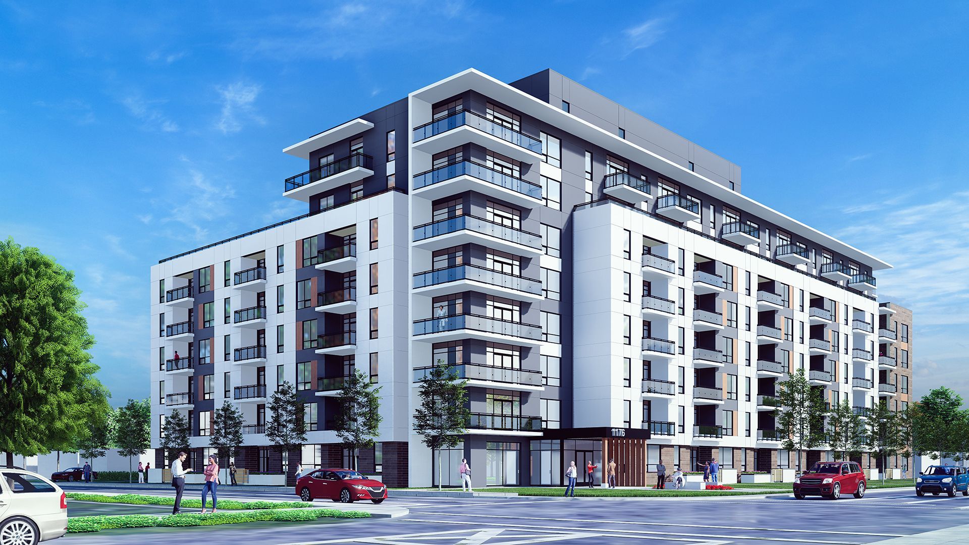 Modern apartment building exterior, white and gray with balconies, blue sky, people, and cars on street.