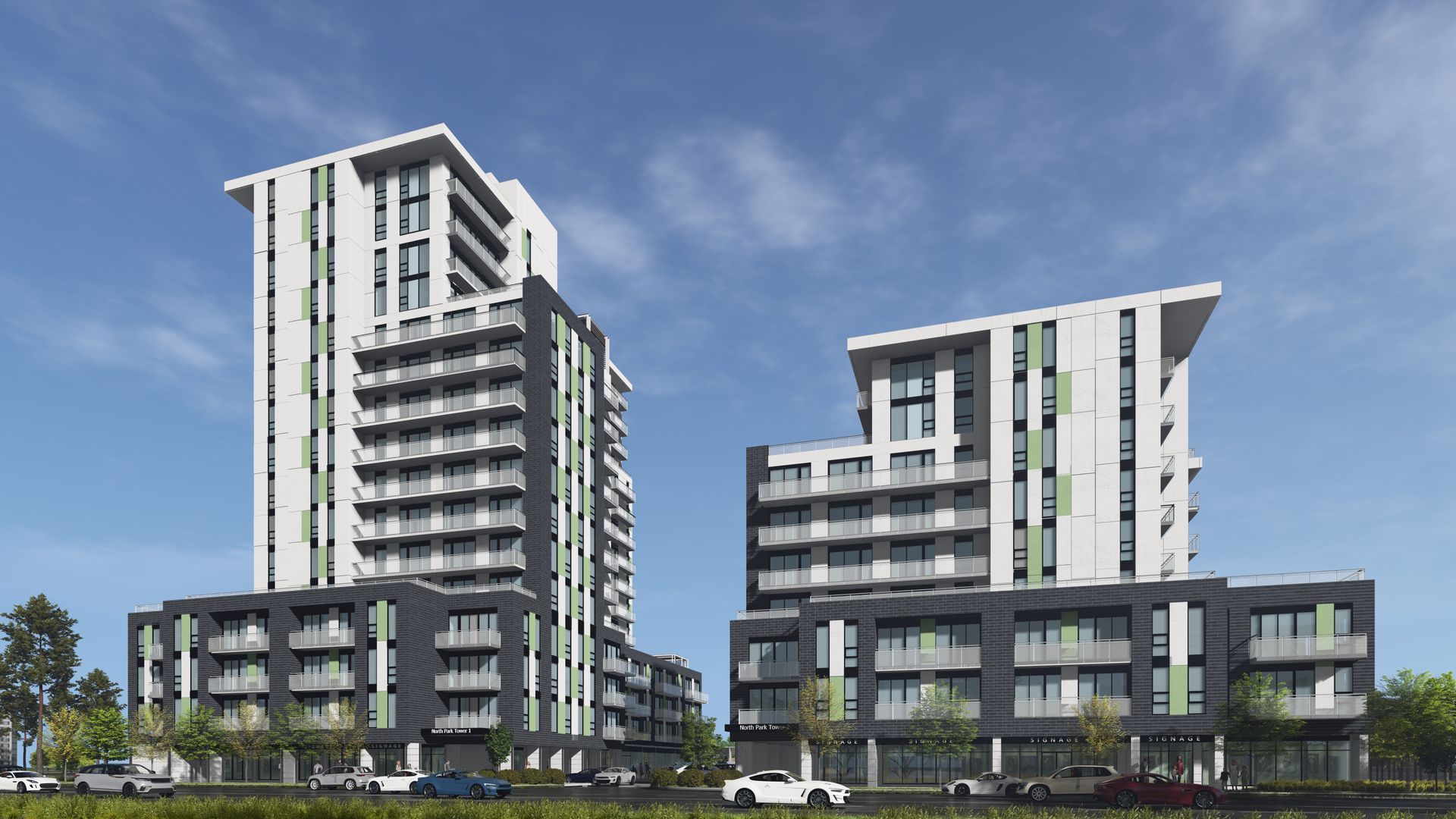 Two modern high-rise apartment buildings with green and white accents against a blue sky.