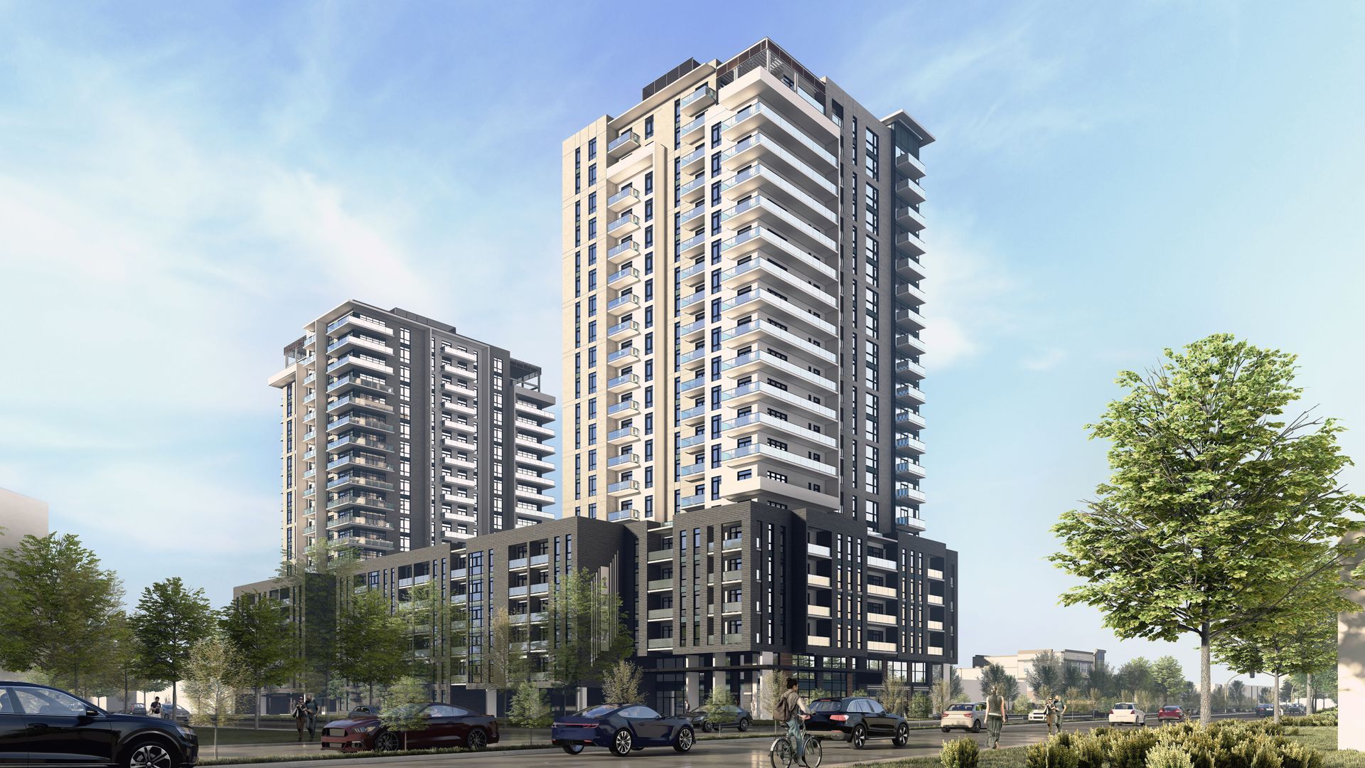 Two modern high-rise apartment buildings under a sunny sky. Gray and black facade, balconies, and trees.